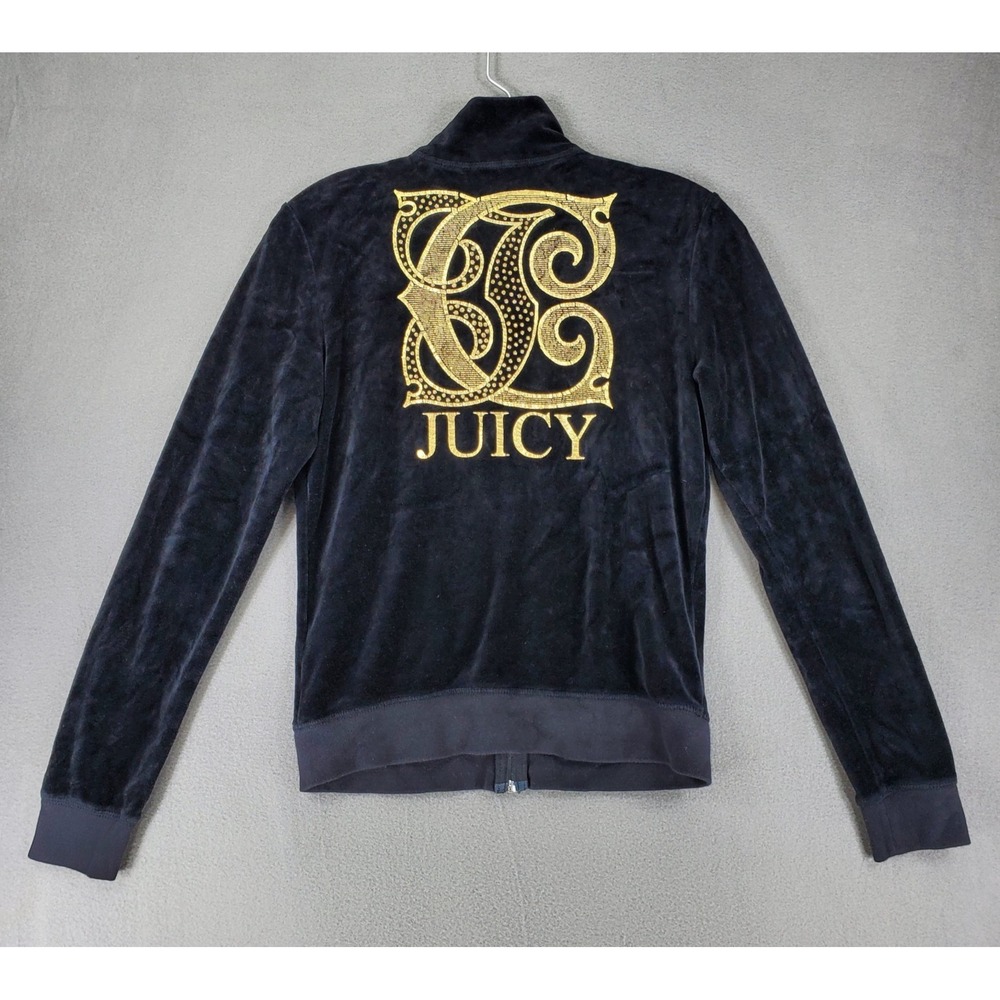 Vintage Y2K Juicy Couture Size M Black Velour Zip Track Jacket Big Logo Full Zip